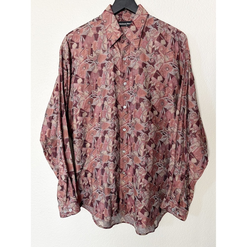 Neiman Marcus Mens Medium Abstract Print Cotton Button Down Shirt Burgundy